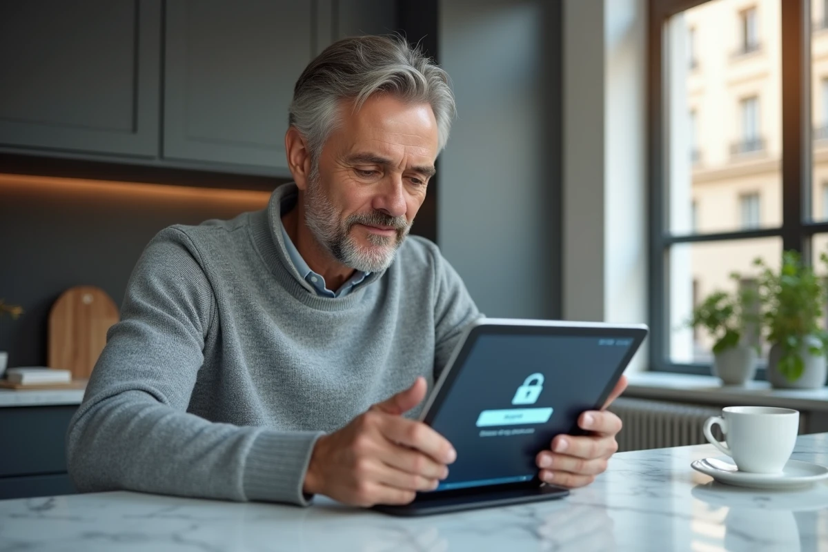 Homme utilisant une tablette pour se connecter à Cyberplus Banque Populaire depuis sa cuisine moderne