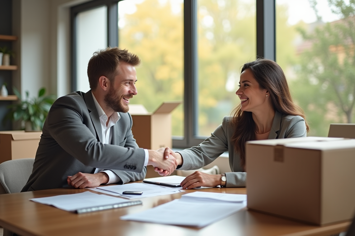 Couple souriant serrant la main d'un agent immobilier dans un salon lumineux
