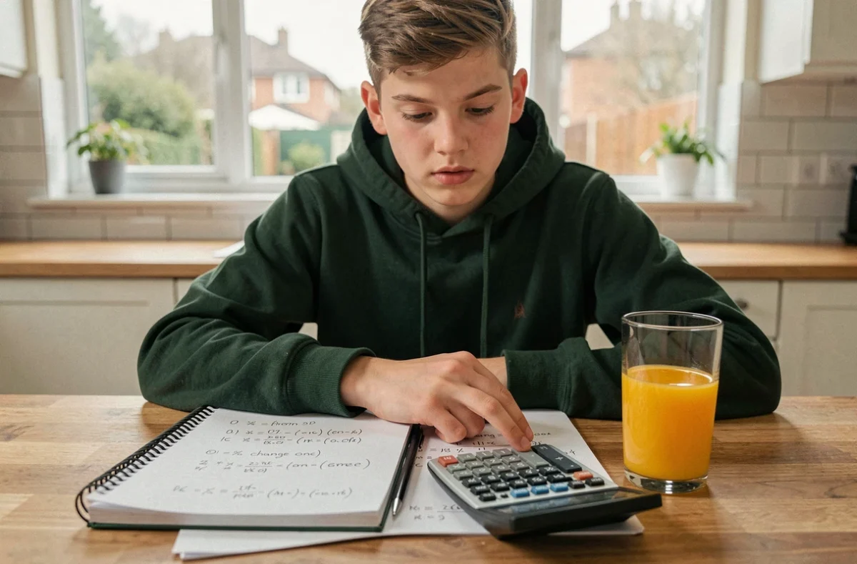 Adolescent faisant ses devoirs de mathématiques sur les coefficients multiplicateurs et les taux d'évolution dans une cuisine moderne