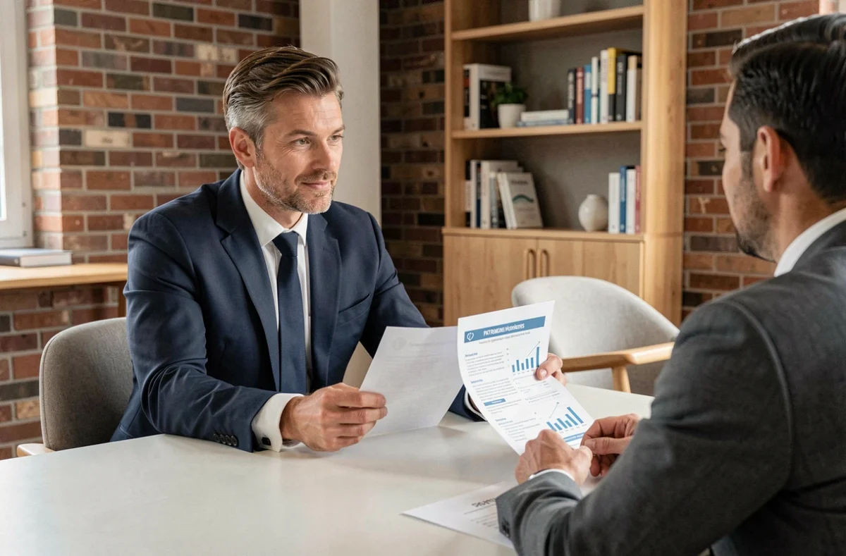 Adrien Dupont, conseiller en gestion de patrimoine indépendant, en consultation avec un client dans son cabinet