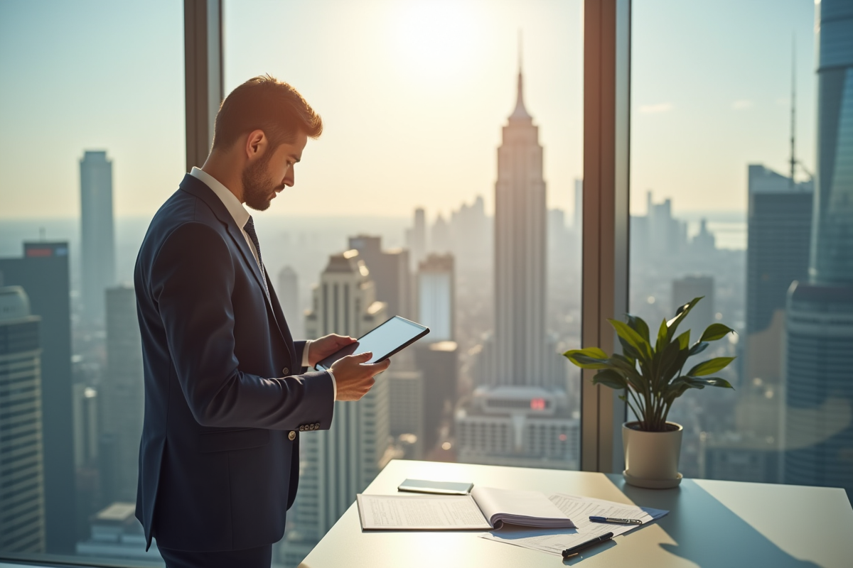 Agent immobilier dans un bureau moderne avec vue sur la ville