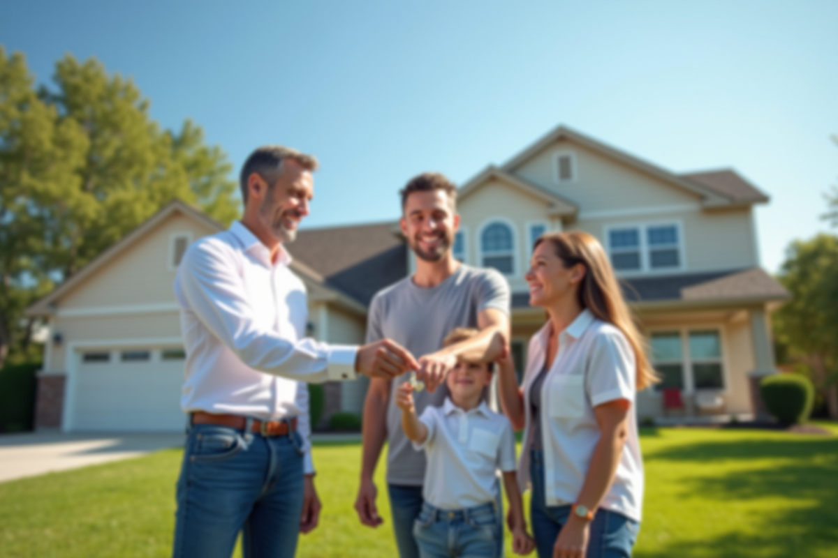Agent immobilier donnant les clés à une famille heureuse devant leur maison