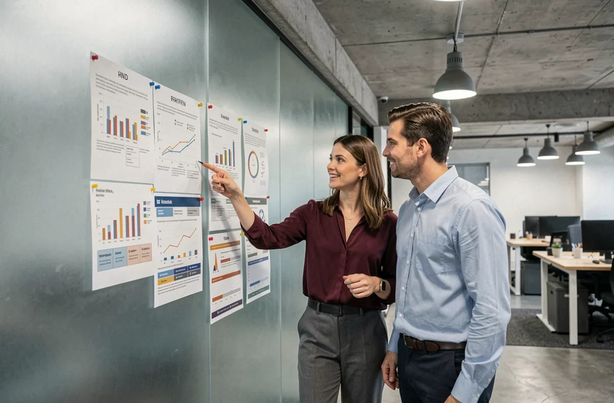 Deux collègues analysent des comparatifs d'assurance Qlara et de la concurrence sur un mur de données en 2026