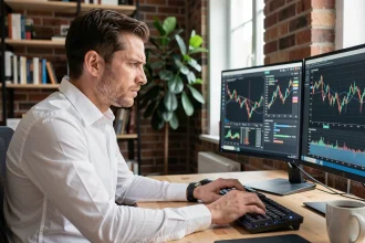 Homme analysant des graphiques de finance décentralisée sur deux écrans dans un bureau moderne