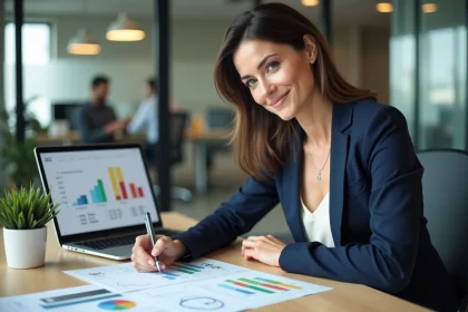 Femme analyste en blazer marine examinant des rapports ROI imprimés et des graphiques sur ordinateur portable dans un bureau moderne en open space