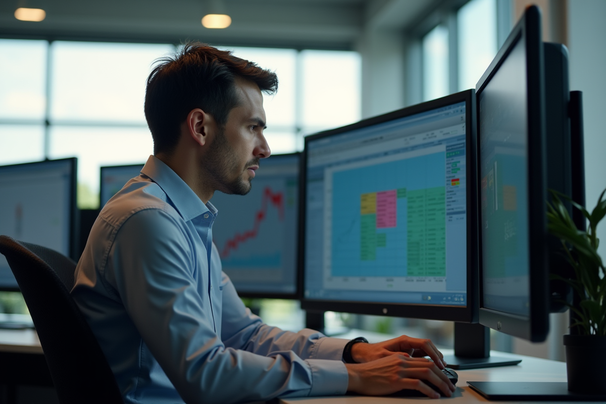 Employé de banque préoccupé analysant des alertes de suspicion