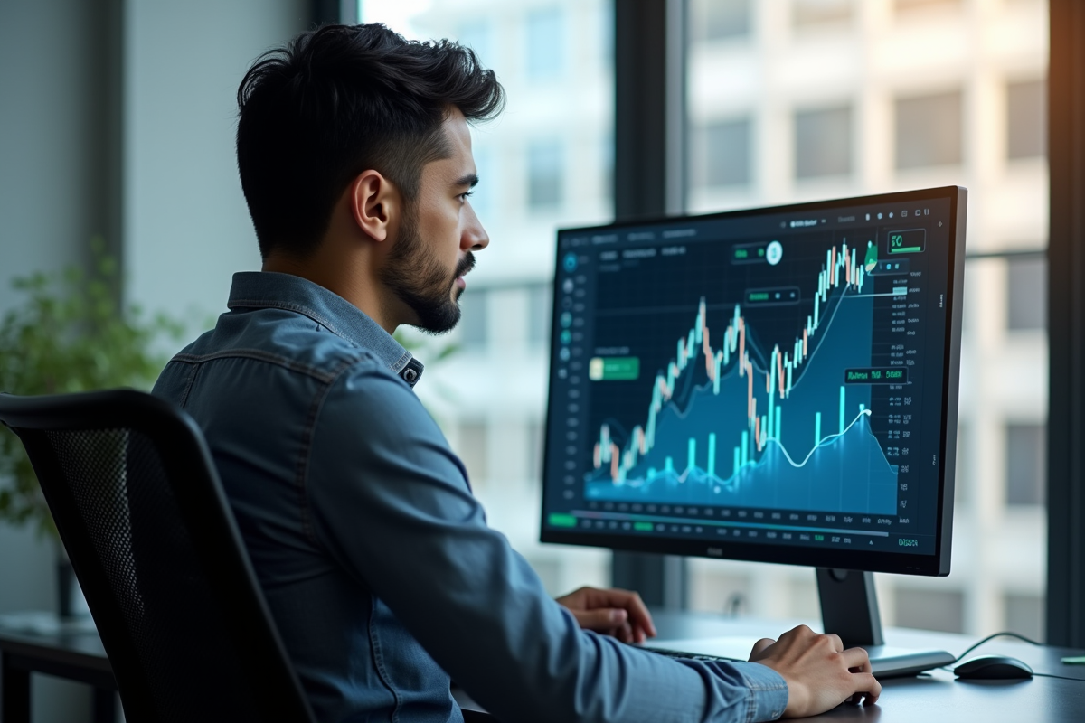 Jeune professionnel analysant un écran futuriste de crypto