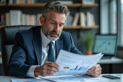 Analyste financier en réunion dans un bureau moderne