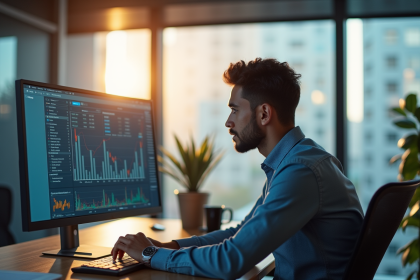 Jeune analyste financier en bureau moderne analysant des graphiques