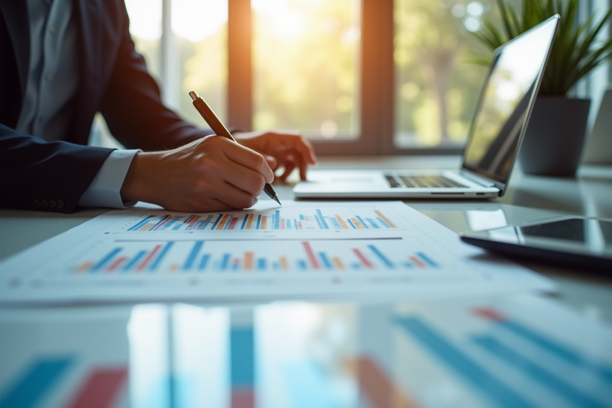 Analyste financier examinant des graphiques et rapports d'inflation