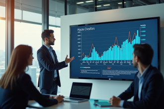 Analyste financier présentant des graphiques économiques dans un bureau lumineux