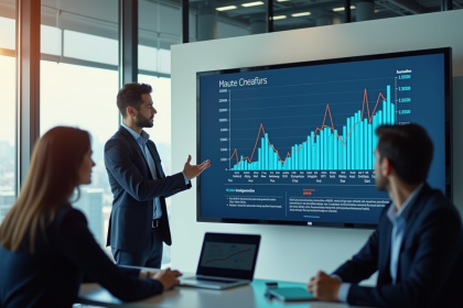 Analyste financier présentant des graphiques économiques dans un bureau lumineux