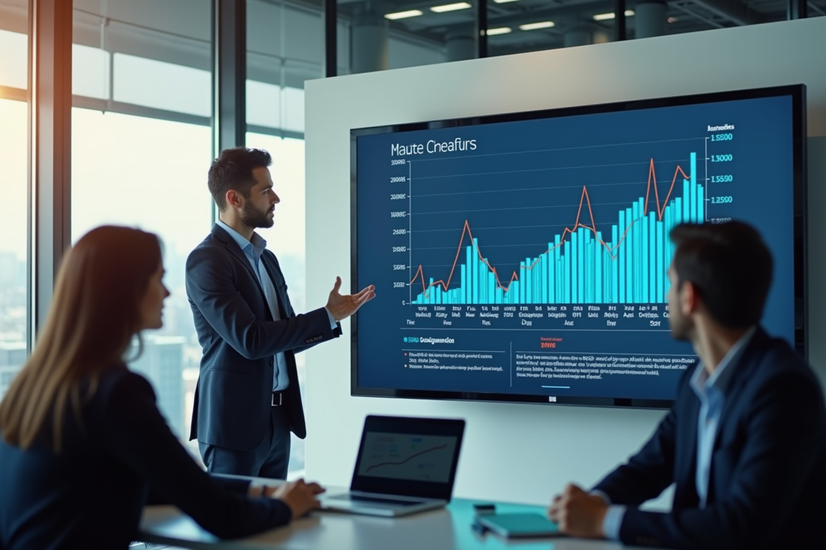 Analyste financier présentant des graphiques économiques dans un bureau lumineux