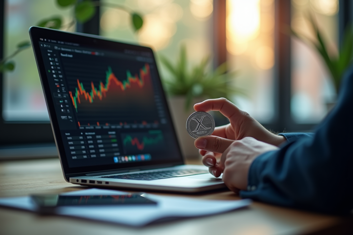 Analyste financier avec pièce XRP étudie graphiques