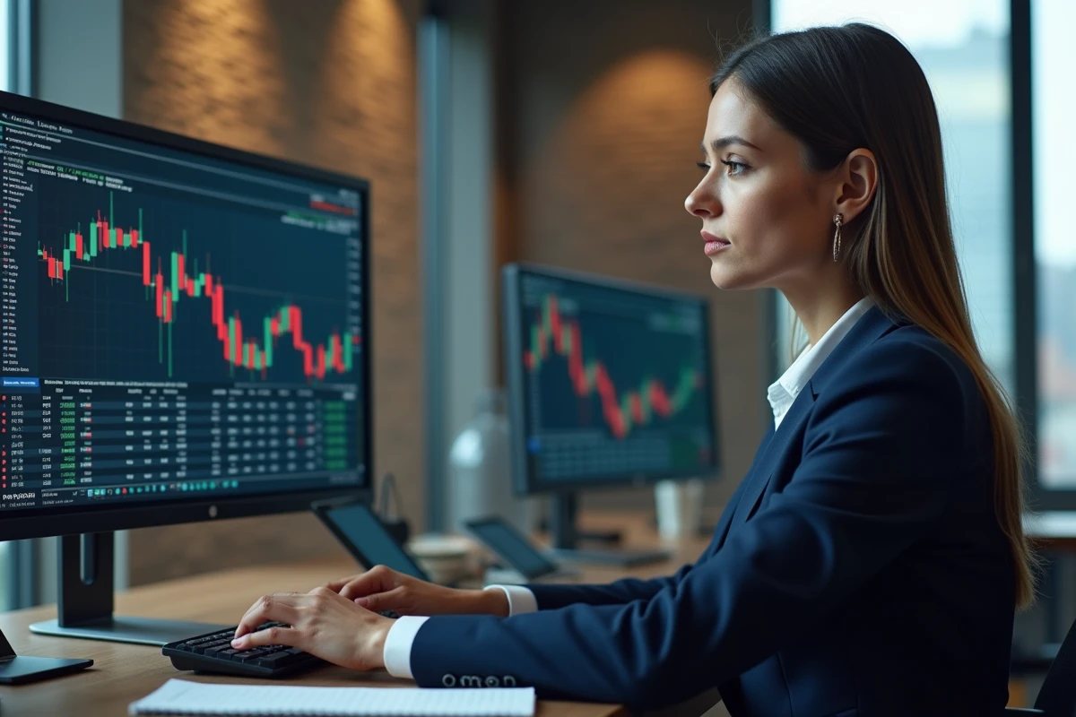 Analyste financière étudiant les codes mnémoniques boursiers sur un écran de trading dans un bureau moderne