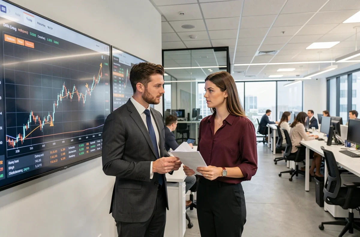 Analystes financiers discutant des tendances boursières de l'action Orange sur un écran de données en temps réel dans un bureau de courtage moderne
