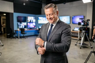 Animateur de télévision en costume élégant dans les coulisses d'un grand studio de TV, illustrant la fortune et le salaire des stars du petit écran
