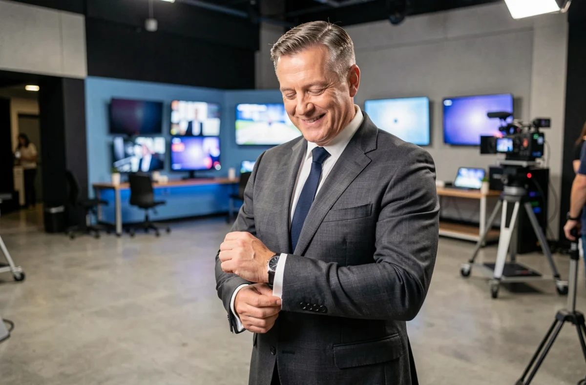 Animateur de télévision en costume élégant dans les coulisses d'un grand studio de TV, illustrant la fortune et le salaire des stars du petit écran