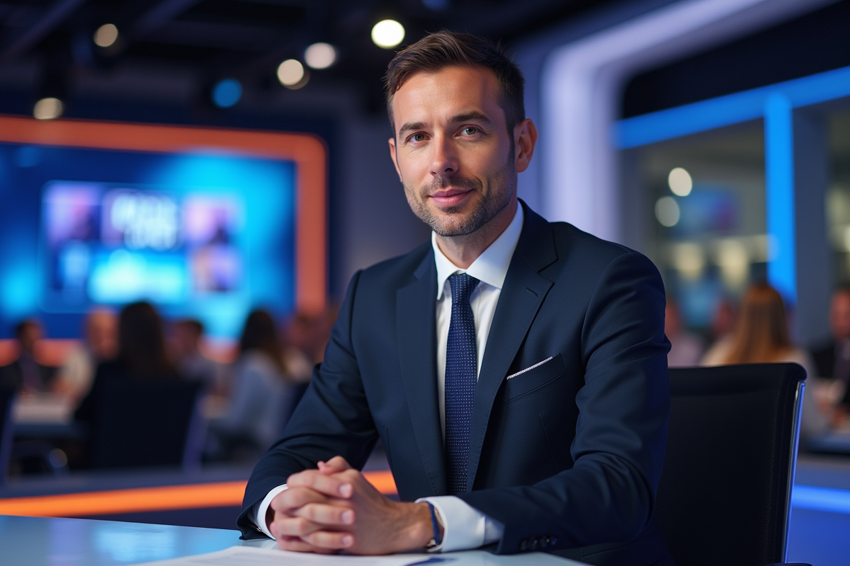 Animateur TV professionnel en studio lumineux