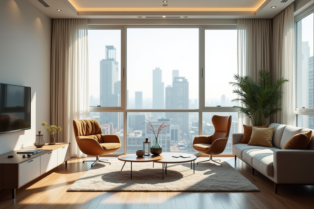 Intérieur lumineux d'un appartement moderne avec vue urbaine