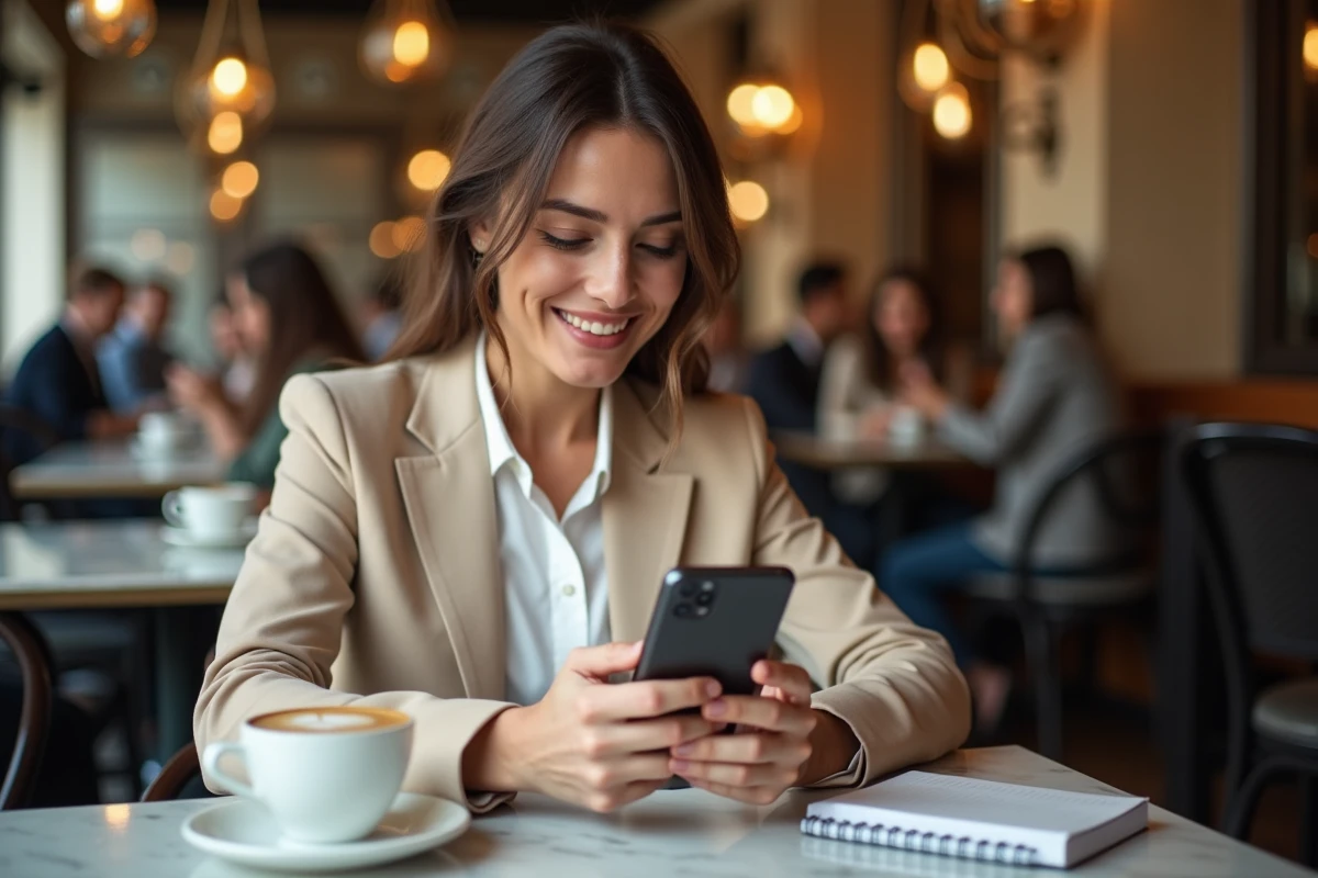 Femme d'affaires utilisant une application bancaire sur smartphone dans un café pour gérer un compte offshore à l'étranger