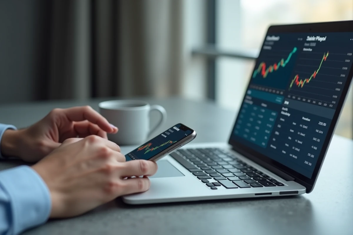 Application de gestion de patrimoine financier affichant des graphiques de croissance equity sur smartphone et ordinateur portable