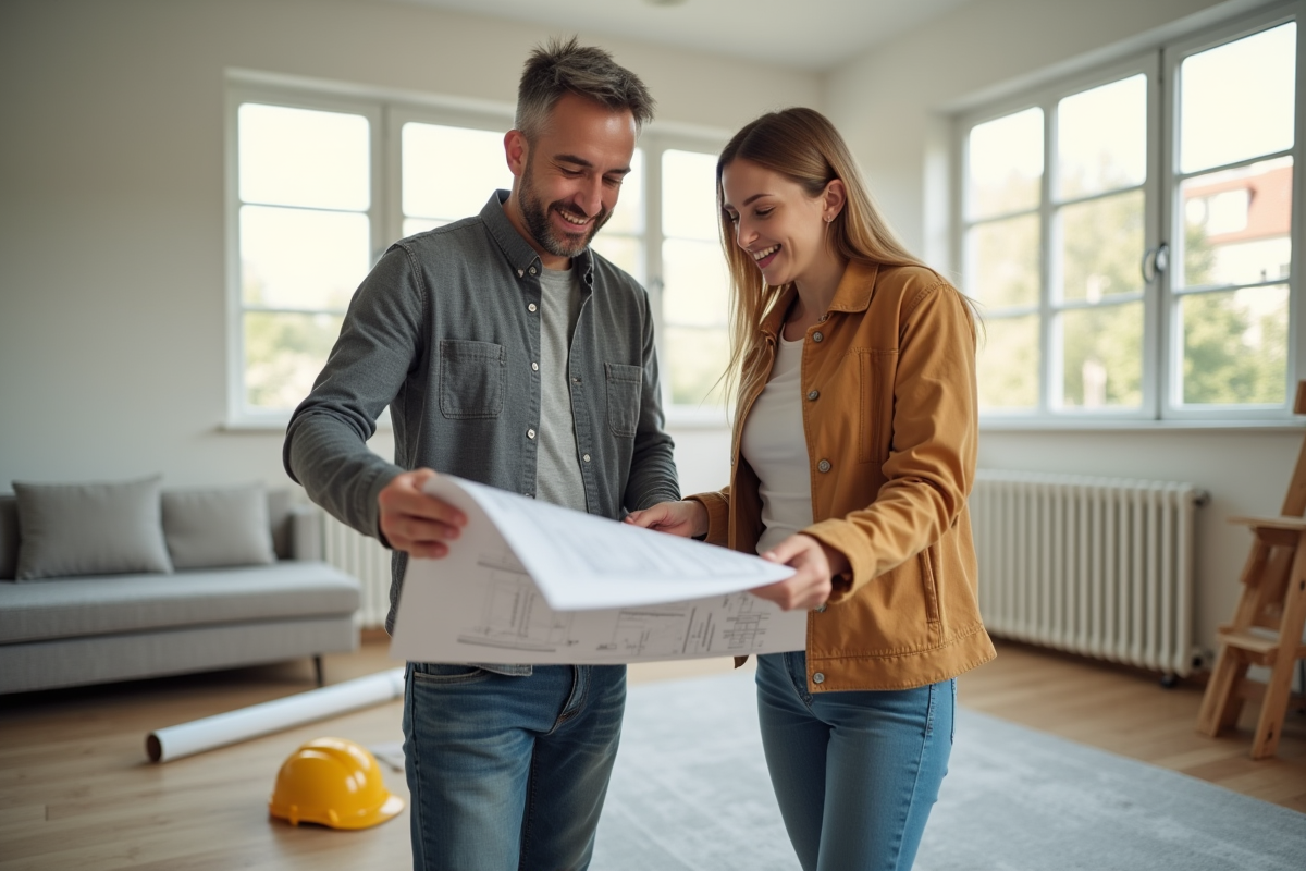 Architecte et propriétaire examinant des plans de rénovation dans un salon lumineux