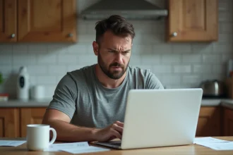 Homme inquiet vérifiant son compte bancaire sur un ordinateur portable en attendant le paiement de Pôle emploi