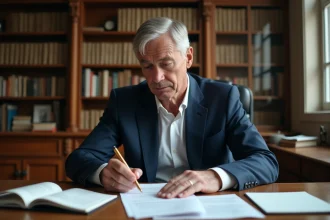 Avocat examinant des documents juridiques relatifs à une amende forfaitaire et une condamnation pécuniaire dans un cabinet d'avocat