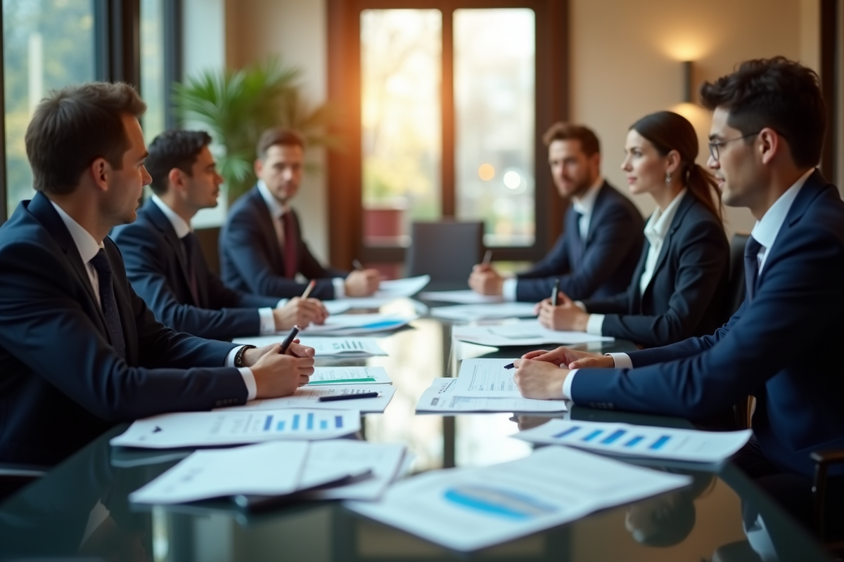 Salle de réunion bancaire élégante avec des banquiers en réunion
