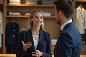Femme élégante en boutique moderne avec vendeur