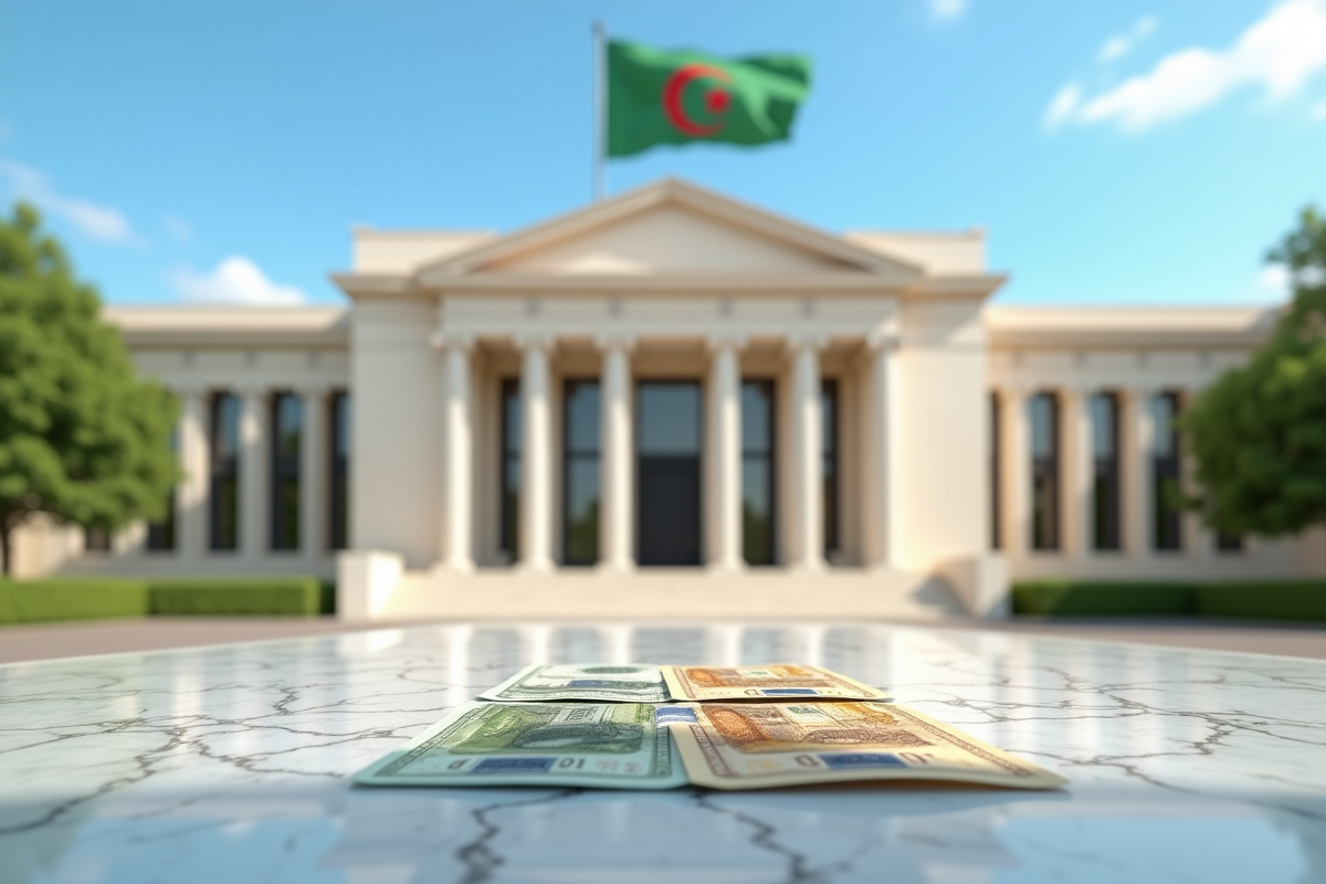 Bâtiment officiel algérien avec drapeau national et documents financiers