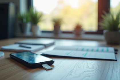 Bureau moderne avec smartphone affichant un portefeuille crypto
