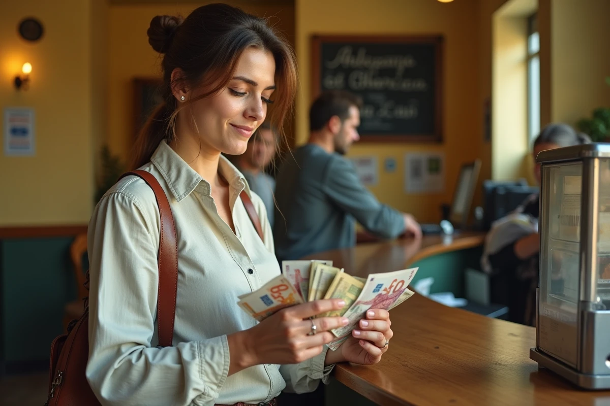 Voyageuse examinant des billets de pesos argentins et d'euros au comptoir d'un bureau de change à Buenos Aires