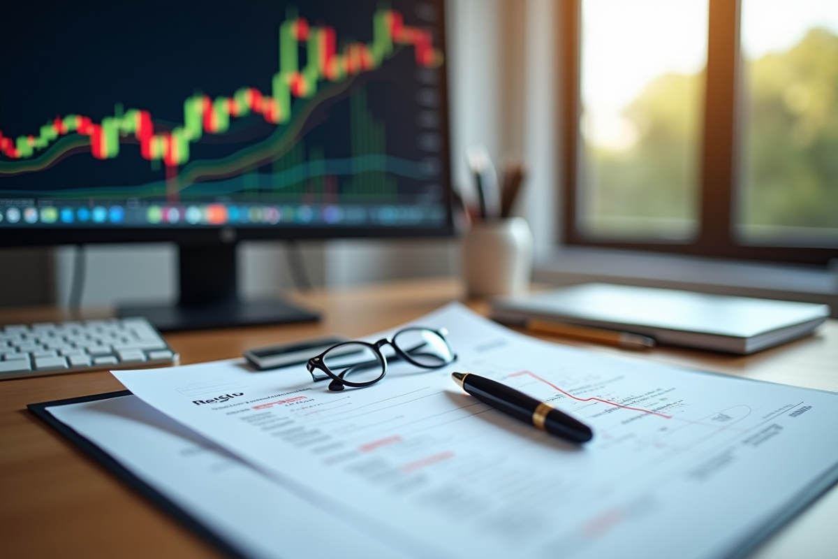 Espace de travail professionnel avec rapport financier et écran