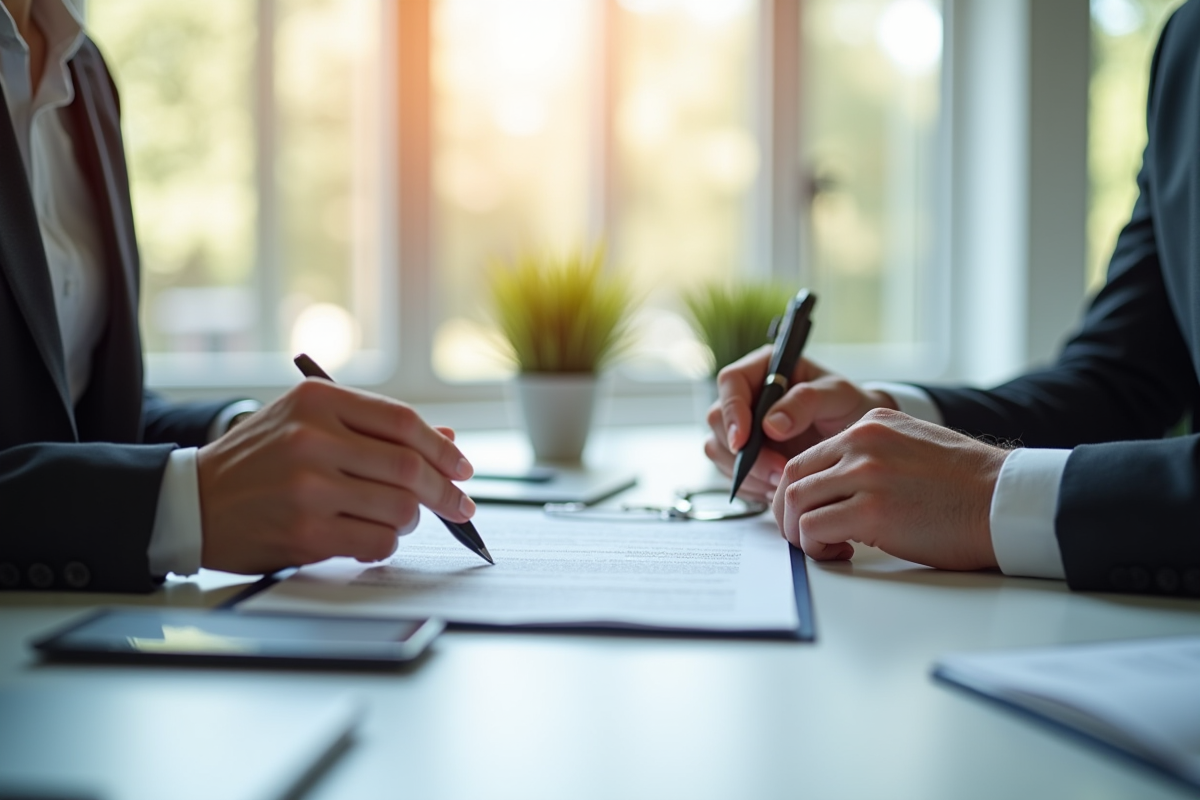 Espace de bureau moderne avec deux personnes examinant des documents immobiliers