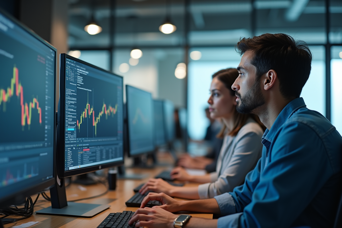 Salle moderne avec analystes financiers travaillant sur grands écrans
