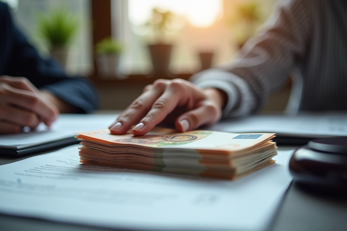 Bureau bien éclairé avec argent et documents légaux