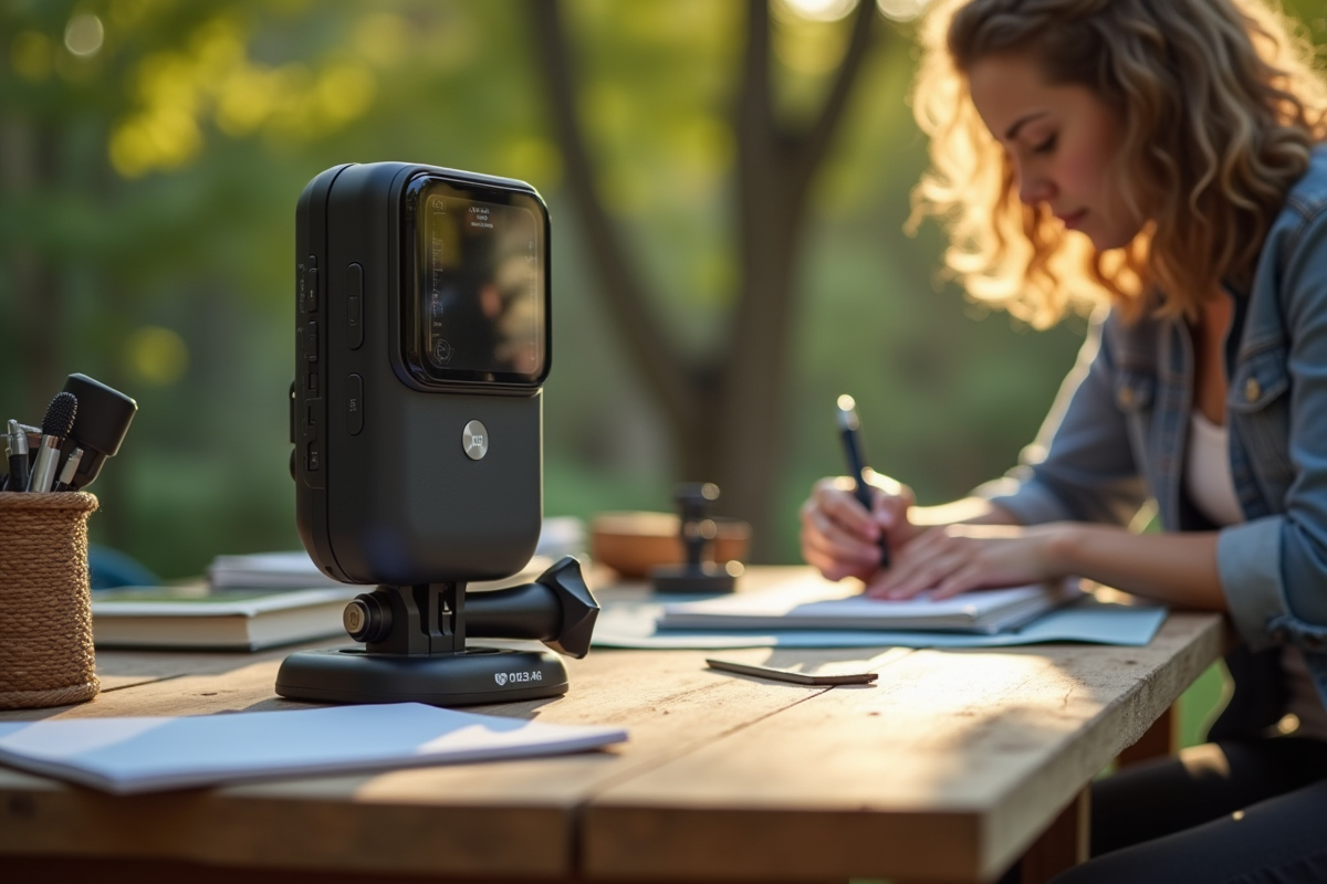 BX4 en extérieur avec notes et outils sur une table en bois