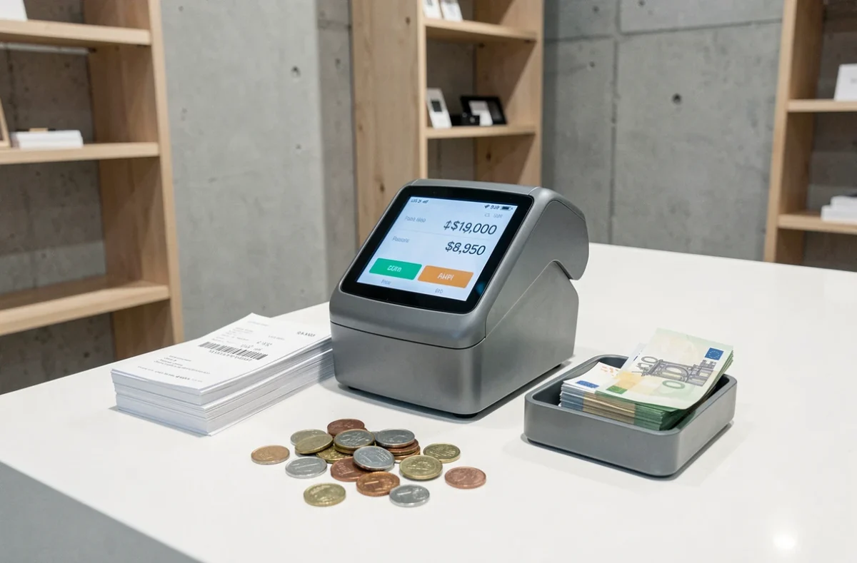 Caisse enregistreuse électronique moderne sur un comptoir de boutique minimaliste avec pièces et billets en euros
