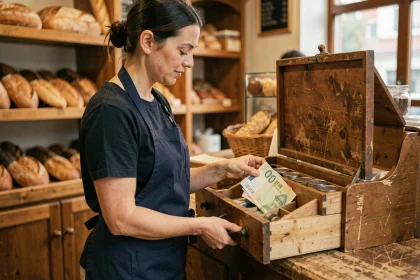 Caissière plaçant des billets en euros dans une caisse en bois traditionnelle avec compartiments à monnaie dans une boulangerie artisanale
