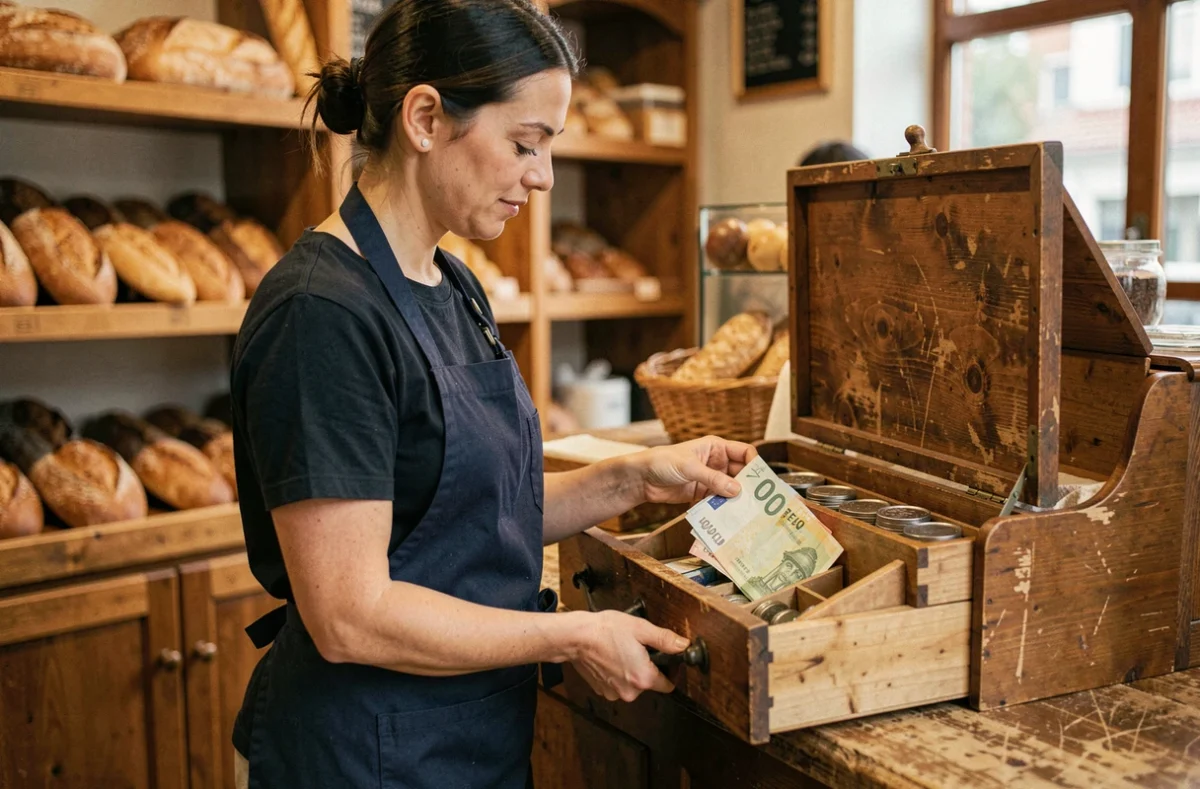 Caissière plaçant des billets en euros dans une caisse en bois traditionnelle avec compartiments à monnaie dans une boulangerie artisanale
