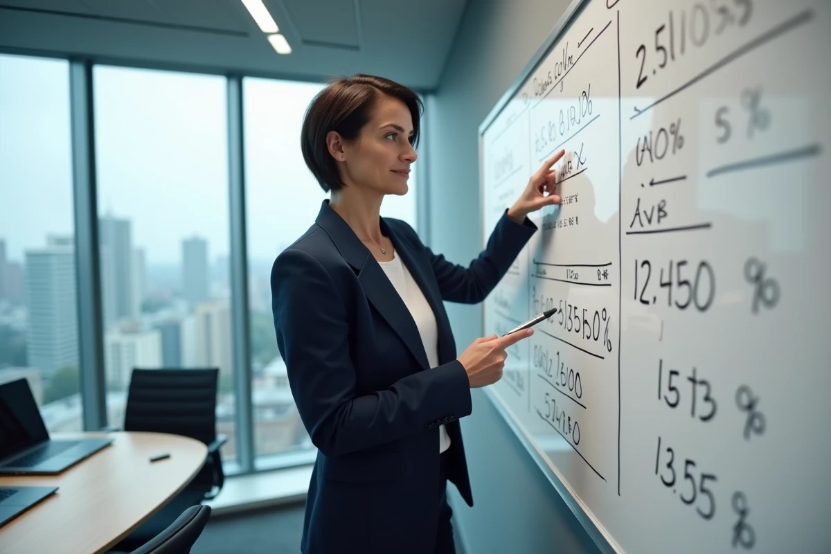 Femme cadre présentant des calculs de salaire brut net sur un tableau blanc en salle de réunion, pour illustrer les différences de rémunération CDI CDD et intérim