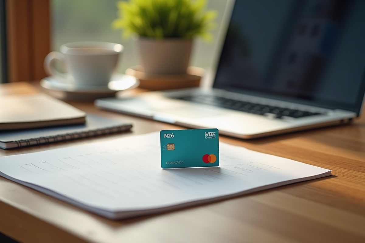 Carte bancaire N26 posée sur un bureau en bois avec ordinateur et café