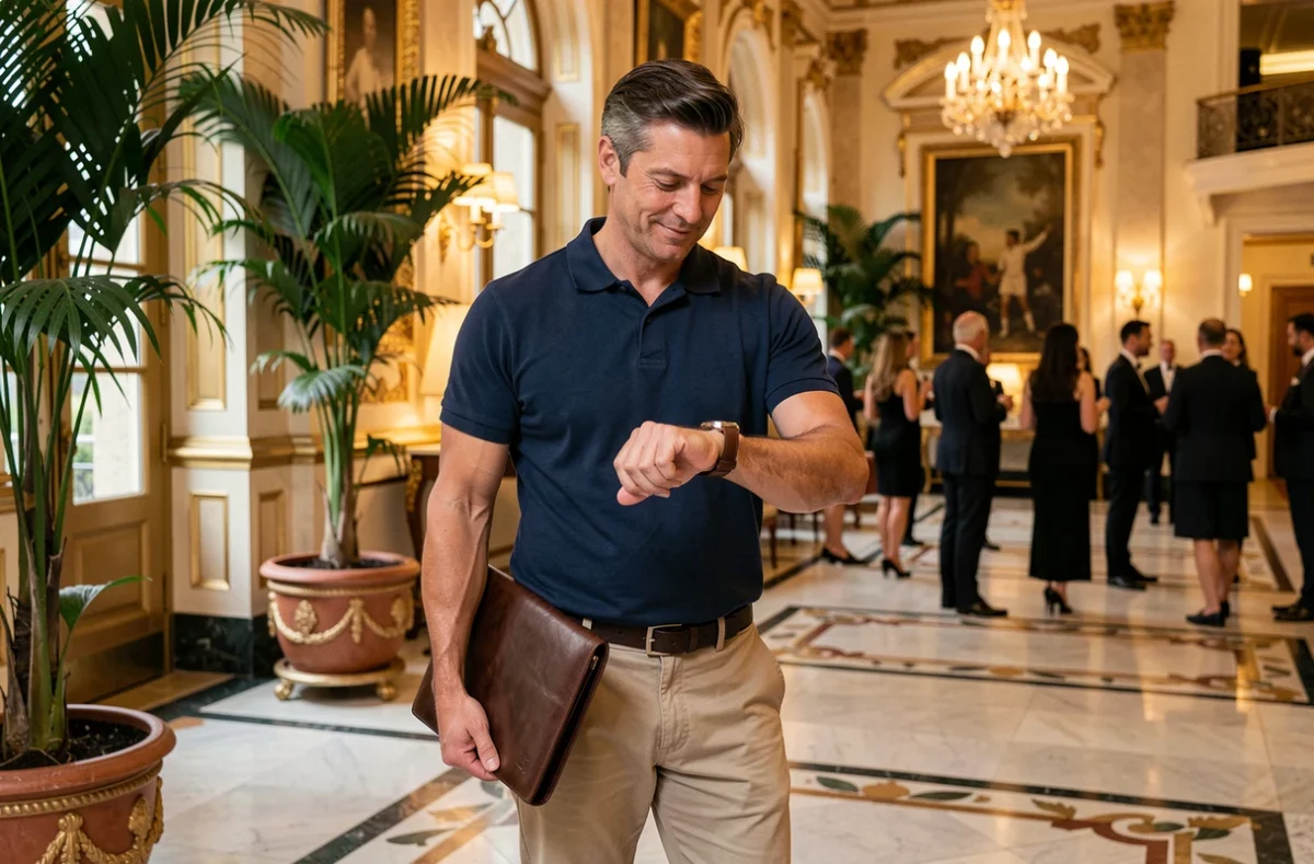 Célébrité télévisuelle dans le hall d'un hôtel parisien de luxe, évoquant le train de vie et la richesse des animateurs stars en France