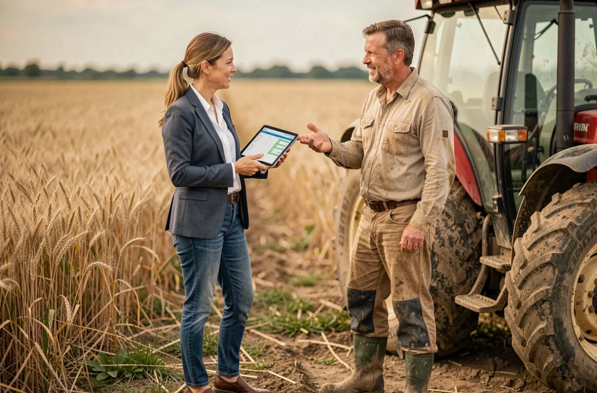 Conseillère du Cerfrance Indre en consultation avec un agriculteur au bord d'un champ cultivé