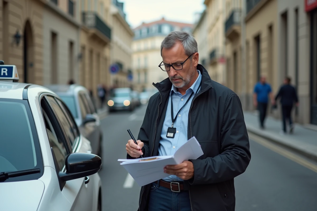 Chauffeur de taxi professionnel consultant des documents relatifs au prix de sa licence devant son véhicule en ville