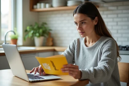 Femme consultant son solde de chèques Cadhoc tout en naviguant sur Amazon depuis un ordinateur portable à la maison