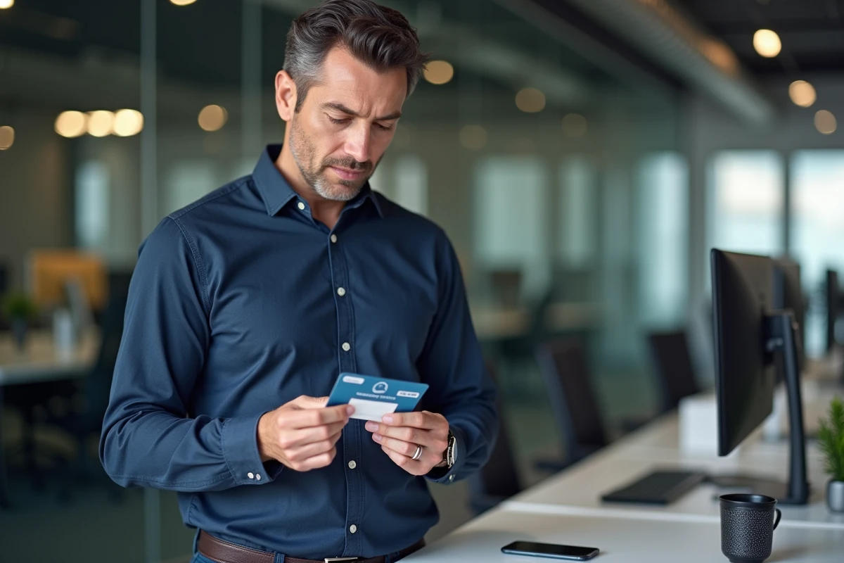 Homme en bureau examinant un chèque cadeau Cadhoc avant de l'utiliser pour un achat en ligne