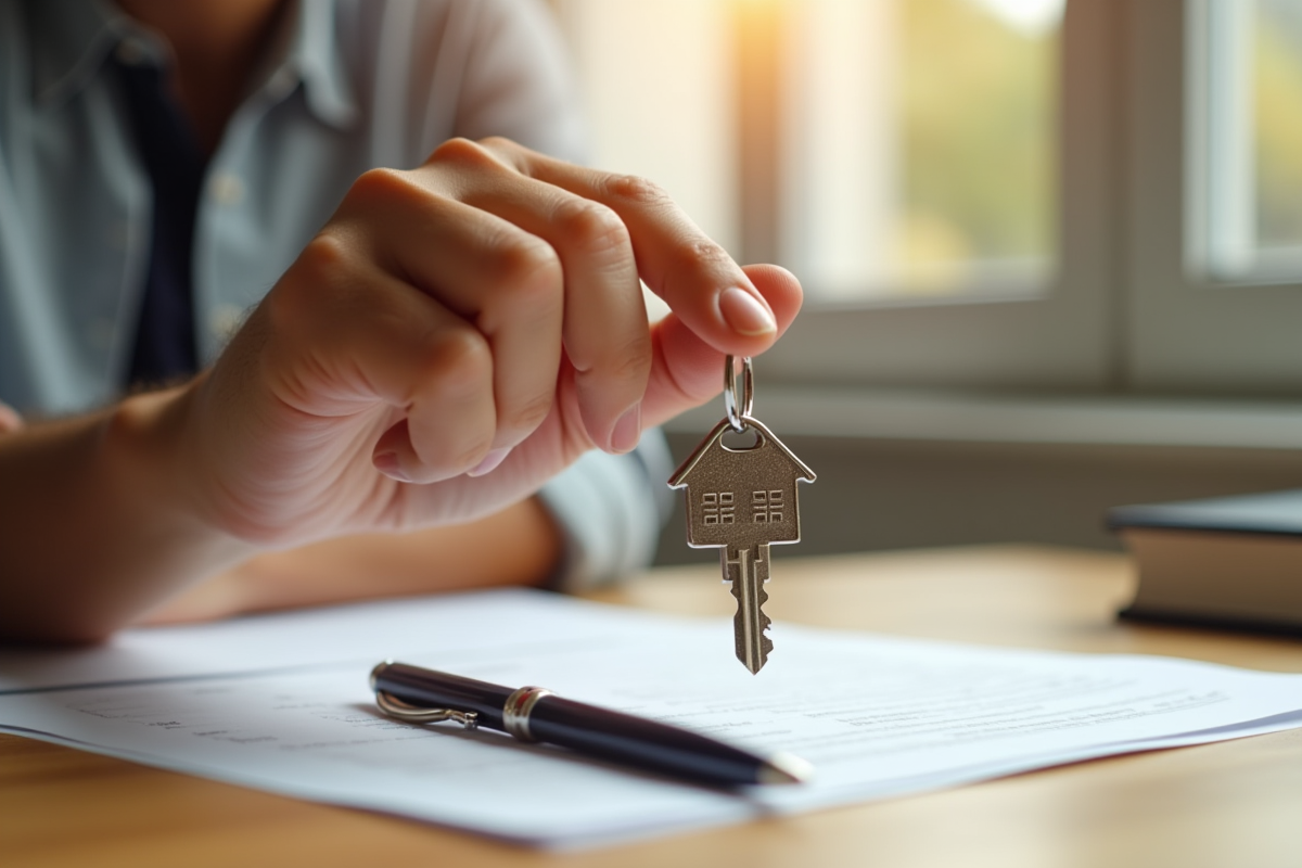 Main tenant une clé de maison avec un porte-clés en forme de maison